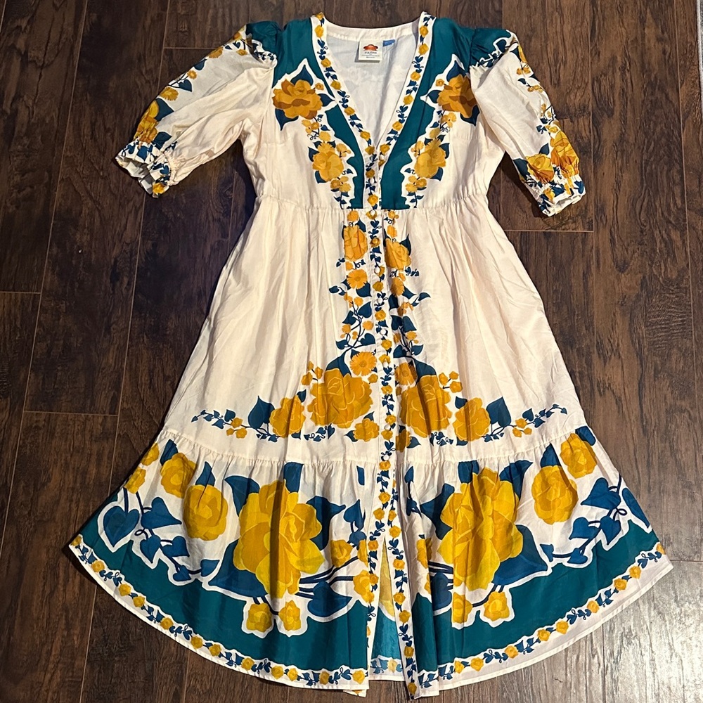 Anthropologie White Midi Dress with Yellow & Teal Floral Print